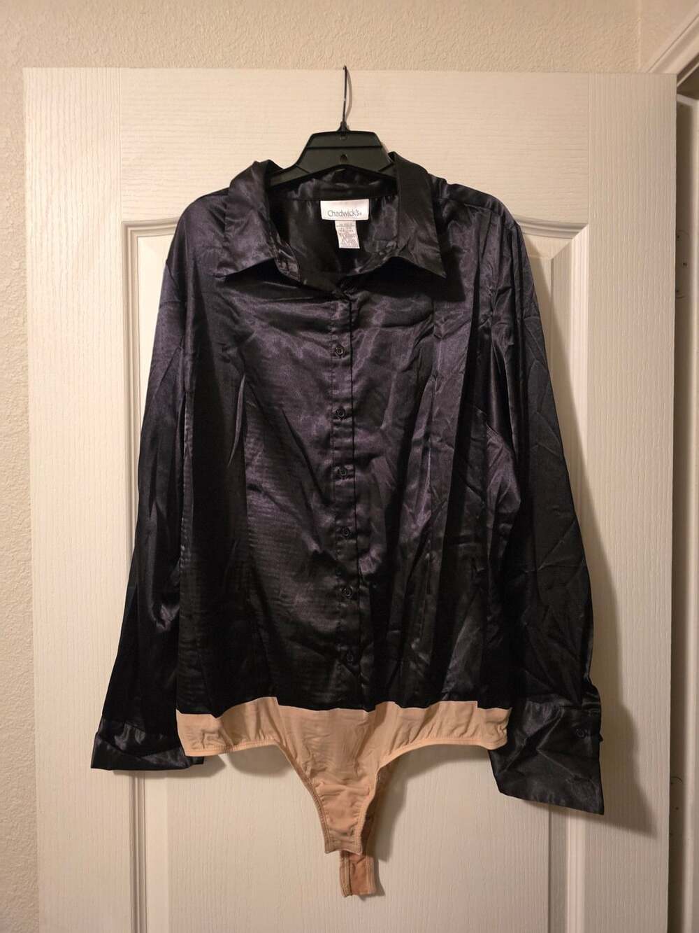 Chadwick's Black Satin Bodysuit Size 18W Long Sleeve Button Up Collared